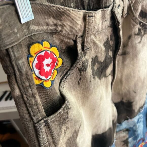 Upcycled Frayed Patchwork Jeans – 34" Waist Handmade Streetwear Pants Wide Leg - Picture 5 of 16